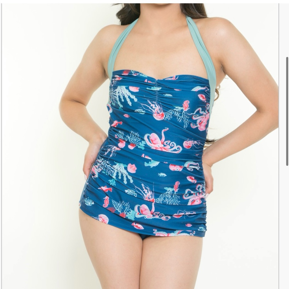 ModCloth Girl Howdy Navy Blue Sea Life One-Piece Swimsuit 20W